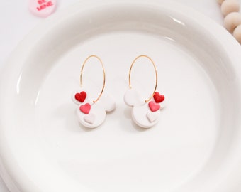 Valentine's Day Mouse Earrings | Red, Pink Heart Handmade Hoop | Dangle Hoop | Polymer Clay | Cute Holiday Earrings | Hypoallergenic Jewelry