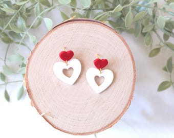 Valentine's Day Heart Cutout Earrings | Red, Pink Heart Handmade Earrings | Dangle Polymer Clay | Cute Holiday | Hypoallergenic Jewelry