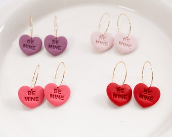 Valentine's Day Conversation Heart Hoops | Be Mine Handmade Hearts | Dangle Polymer Clay | Cute Candy Heart Earring | Hypoallergenic Jewelry