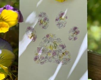 Flower petal dyed paw print card - dogs cats sympathy congratulations