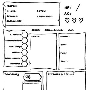 May include: A black and white character sheet with handwritten text. The sheet includes sections for name, class, species, alignment, and other game-related information. It also has spaces for HP, AC, and hearts.