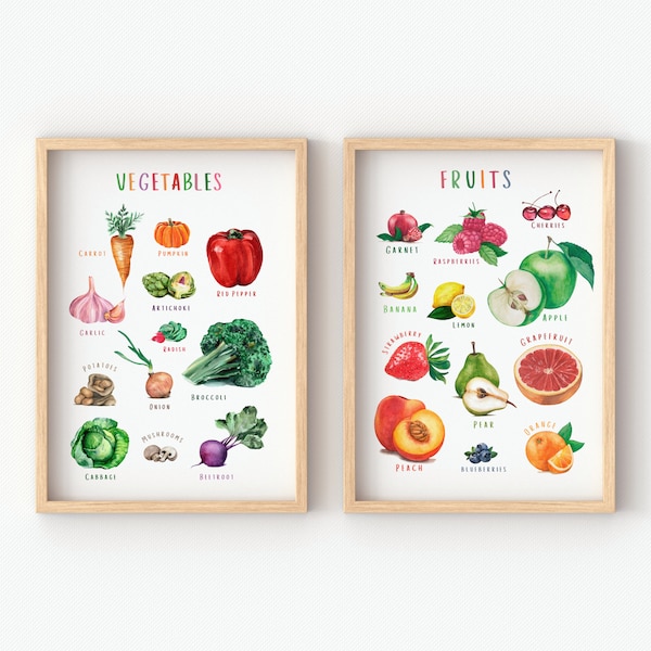 Set of 2 Educational Posters | Fruits Poster | Vegetables Poster | Montessori Posters | Playroom Decor | Classroom Decor | Digital Download