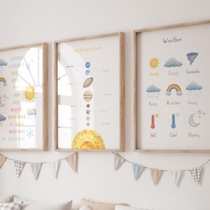 Set di 3 poster educativi/poster meteorologico/poster del sistema solare/poster Montessori/arredamento sala giochi/arredamento aula/download digitale