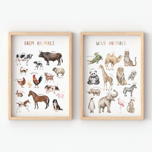 Conjunto de 2 carteles educativos / Cartel de animales salvajes / Cartel de animales de granja / Carteles Montessori / Decoración del aula / Descarga digital