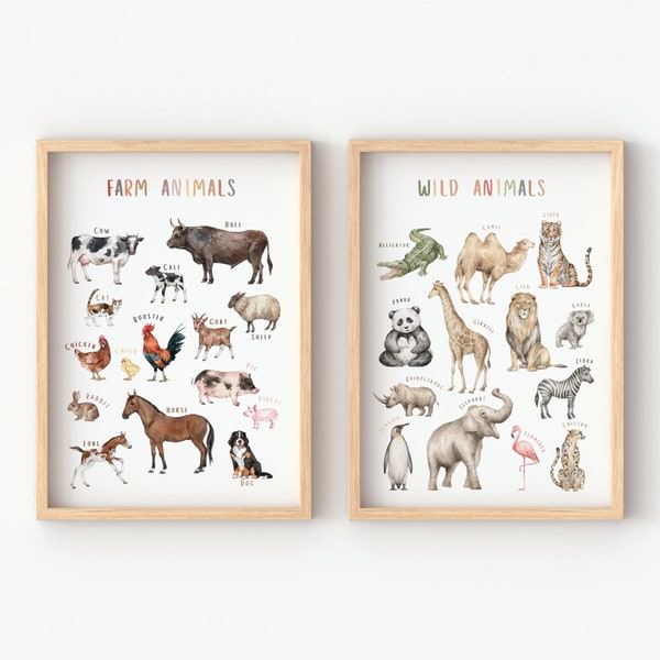 Set of 2 Educational Posters | Wild Animals Poster | Farm Animals Poster | Montessori Posters | Classroom Decor | Digital Download