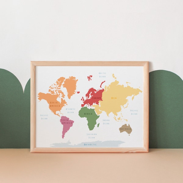 Carte du monde pour enfants | Affiche Montessori | Décor de classe | Affiche éducative | Carte du monde Art mural enfants | Carte Montessori | Téléchargement numérique