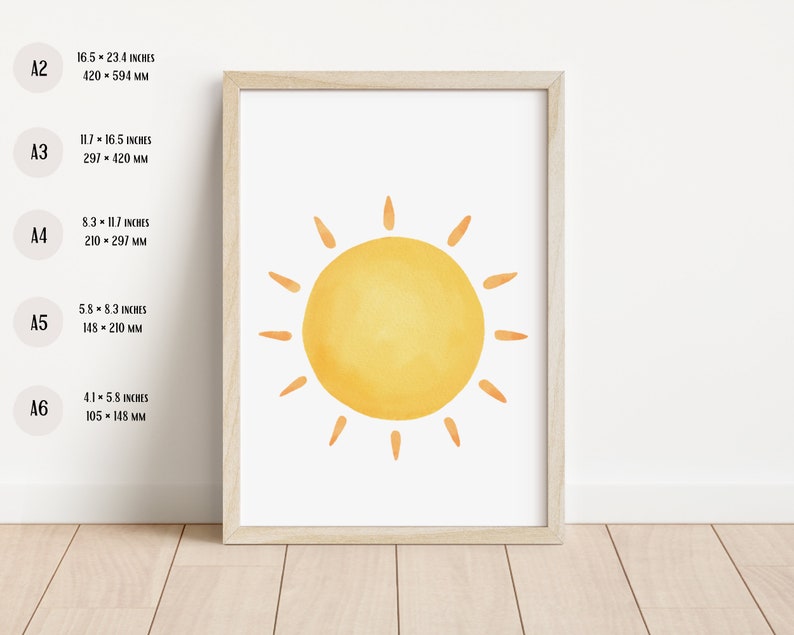 Cartel de sol de acuarela / Arte de la pared del vivero / Decoración del vivero soleado / Arte de la pared de los niños / Decoración de la sala de juegos / Vivero Boho / Descarga digital imagen 4