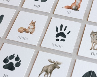 56 Tarjetas didácticas de animales imprimibles / Tarjetas coincidentes de animales y huellas de animales / Actividad Montessori / Actividad preescolar / Descarga digital
