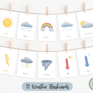 12 flashcards météo | Flashcards pour tout-petits | Flashcards Montessori | Activité préscolaire | Cartes éducatives imprimables | Téléchargement numérique