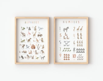 Juego de 2 carteles educativos / Cartel del abecedario / Cartel del alfabeto / Cartel de matemáticas / Carteles Montessori / Decoración del aula / Descarga digital