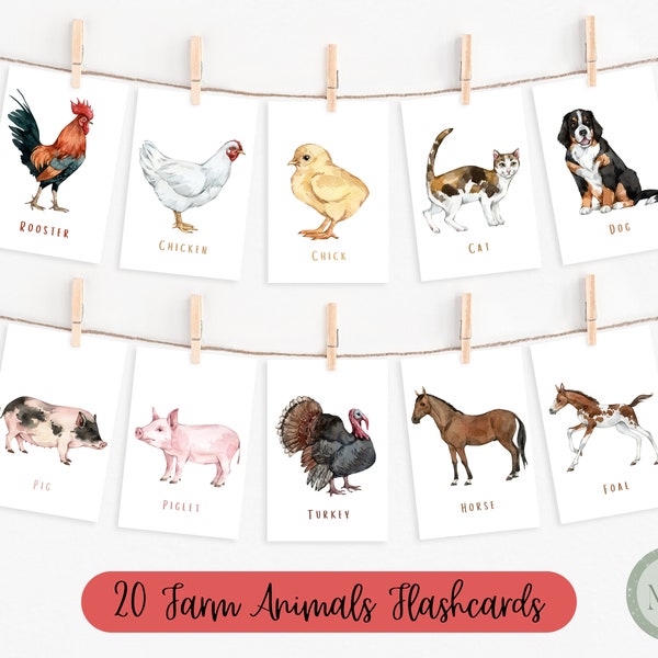 20 Farm Animals Flashcards | Domestic Animals | Toddler Flashcards | Montessori Flashcards | Preschool Flashcards | Digital Download