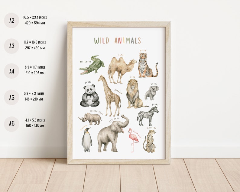 Cartel de animales salvajes / Cartel educativo / Cartel Montessori / Decoración de aula / Arte de pared de sala de juegos / Decoración de guardería Safari / Descarga digital imagen 2