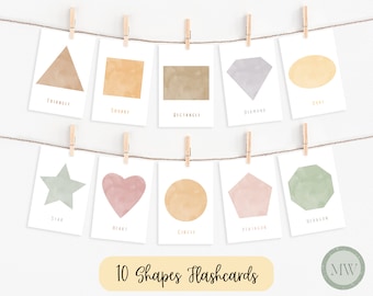 Tarjetas didácticas de 10 formas / Tarjetas didácticas de matemáticas / Decoración neutral de la sala de juegos / Decoración del aula Boho / Imprimible preescolar / Descarga digital