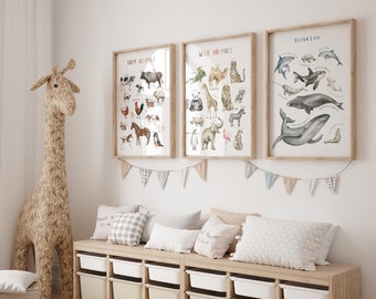 Juego de 3 carteles educativos / carteles de animales / decoración del aula / carteles Montessori / arte mural para sala de juegos / descarga digital