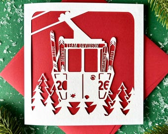 Papercut Ski Lift Personalised Family Christmas Card