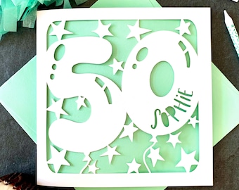 Balloon Papercut Personalised 50th Birthday Card