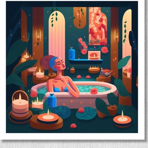 Frau im Spa | Bunt | Druckbare Kunst | Illustration Kunst | Trendy | Digitaler Download | Quadratische Drucke | Digitale Kunstdrucke | Art Deco