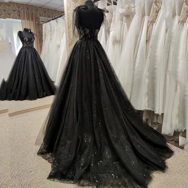 Black Wedding Dress Gothic, Couture Black Wedding Dress Ball Gown, Black Luxury Beaded Wedding Dress Sparkling Tulle Hooded Cape Veil Train