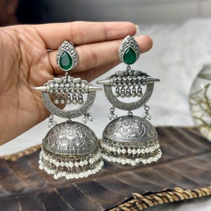 Silver Replica Fusion Handmade earrings, Oxidized Silver Earrings, Statement India wedding long jhumkas, Boho chic/long statement danglers