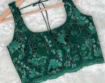 Dark Green Sequin Blouse | Sleeveless Net Saree Top