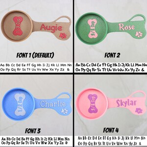 May include: Four personalized pet food scoops in various colors: tan, green, blue, and pink. Each scoop has a different name and a paw print design. The scoops are labeled with the measurements 1/3 cup, 3/8 cup, and 1/2 cup.