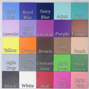 May include: A color chart featuring 25 squares in various shades. The squares are labeled with color names such as "Light Blue," "Royal Blue," "Navy Blue," "Aqua," and "Teal." Other colors include "Lavender," "Orchid," "Purple," "Yellow," "Orange," and "Brown."