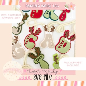 Reindeer Initial Tag SVG File, Christmas svg, Ornament Tag Laser Svg, Kids Name Tag SVG, Commercial Laser Svg, Stocking Tag svg