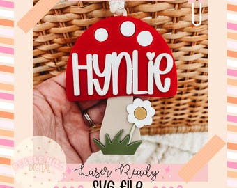 Paddestoel tag laser SVG-bestand, lente SVG, sleutelhanger laser SVG, mand tag laser SVG, Kids naamplaatje SVG, commerciële laser SVG, Pasen tag SVG