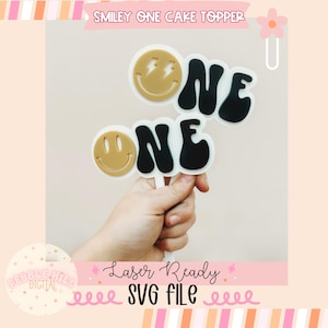 Smiley One Cake Topper SVG, One Cool Dude Cake Topper, Groovy Retro Laser SVG, Birthday Party Decor, Cake Topper, Commercial svg