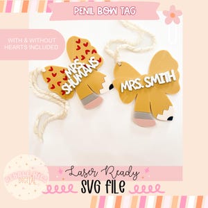 Arquivo SVG de etiqueta de laser com laço de lápis, placa escolar SVG, SVG de laser infantil, primeiro dia de aula, SVG comercial, etiqueta de presente para professor, agradecimento a professor