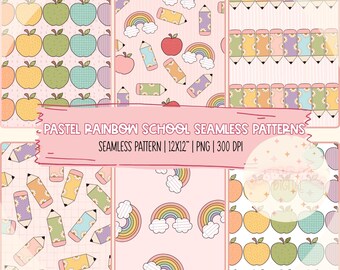 Pastel Rainbow School Seamless Pattern, Digital Paper, Digital Download, 300 DPI PNG, Checkered Digital Paper, School Seamless Pattern