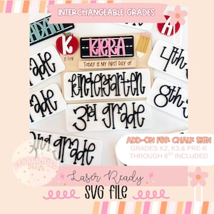 May include: A collection of interchangeable grade signs, including "Kindergarten", "3rd Grade", and "8th". The signs are white with black lettering. The image also includes a sign that says "Kiera" and "Today is my first day of".