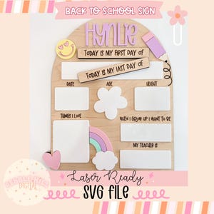 Arquivo SVG de placa laser de arco-íris de volta às aulas, placa escolar SVG, placa laser infantil SVG, primeiro dia de aula, SVG comercial, placa retrô descolada