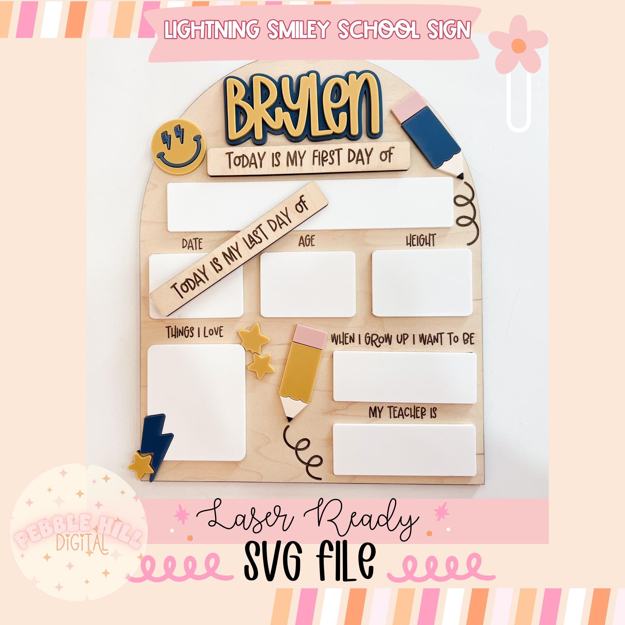 Lightning Smiley Back to School Sign Laser SVG File, School sign svg, Kids Laser SVG, First Day of School, Commercial svg, Retro Groovy Sign