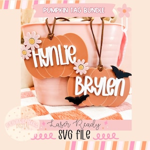 May include: Two orange pumpkin-shaped tags with the names "HynLie" and "Brylen" written in white. Each tag has a pink flower and a black bat. The tags are hanging from a pink bucket.