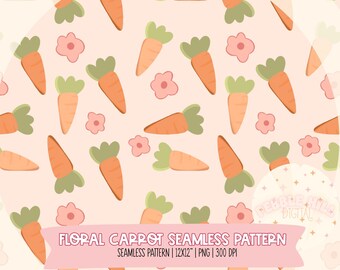Easter Floral Carrot Seamless Pattern, Digital Paper, Digital Download, 300 DPI PNG, Checkered Digital Paper, Spring Floral