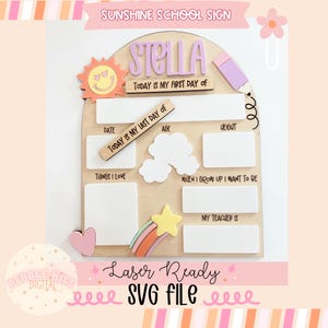 Arquivo SVG de placa laser "Volta às Aulas" da Sunshine, placa escolar SVG, placa laser infantil SVG, primeiro dia de aula, SVG comercial, placa retrô descolada