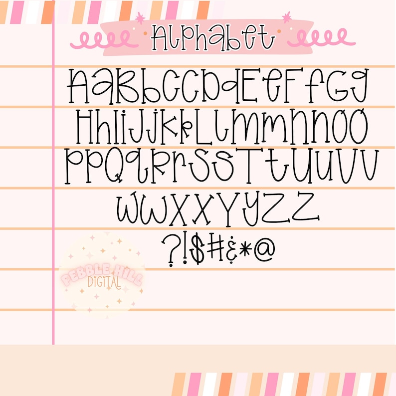 May include: A handwritten alphabet in black script, featuring uppercase and lowercase letters, numbers, and symbols. The word "Alphabet" is written at the top. The background is a light pink and orange lined paper.