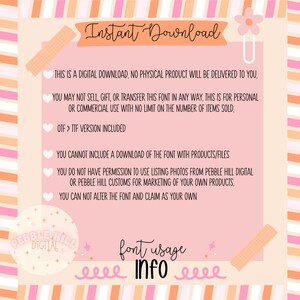 May include: A digital download graphic with a pink background and text that reads "Instant Download." The image includes usage information, a logo, and decorative elements in orange and pink. The text details font usage.