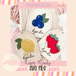 Archivo SVG láser de etiqueta de fruta con arco de vieira, etiqueta de cesta, SVG comercial, SVG de fruta, digital, etiqueta de fresa, arándano, limón, paquete SVG