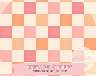 Watercolor Pink Orange Checkered Seamless Pattern, Digital Paper, Retro Seamless, Digital Download, 300 DPI PNG, Checkered Digital Paper