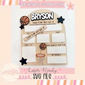 File SVG laser per cartello "Ritorno a scuola" di basket, cartello scolastico in formato SVG, file SVG laser per bambini, primo giorno di scuola, file SVG commerciale, primo giorno di scuola per ragazzi