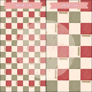May include: A digital illustration of two checkerboard patterns, one labeled "Smaller Scale" and the other "Larger Scale." The checkerboards alternate between red, green, and cream-colored squares. Decorative elements include sprigs and stars.