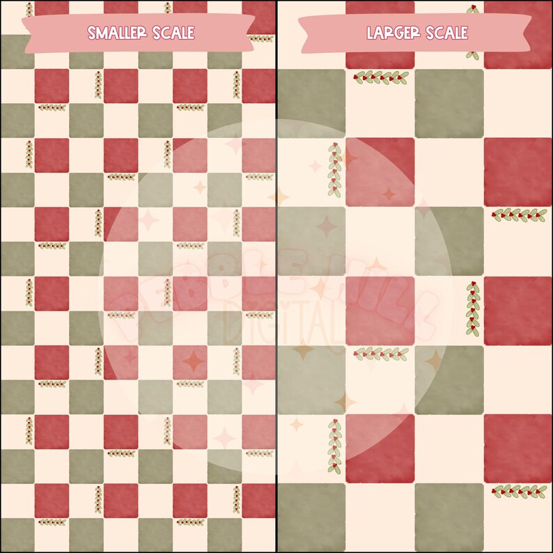 May include: A digital illustration of two checkerboard patterns, one labeled "Smaller Scale" and the other "Larger Scale." The checkerboards alternate between red, green, and cream-colored squares. Decorative elements include sprigs and stars.