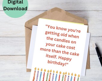 May include: A birthday card with the text "You know you're getting old when the candles on your cake cost more than the cake itself. Happy birthday!" and a row of colorful candles with flames.