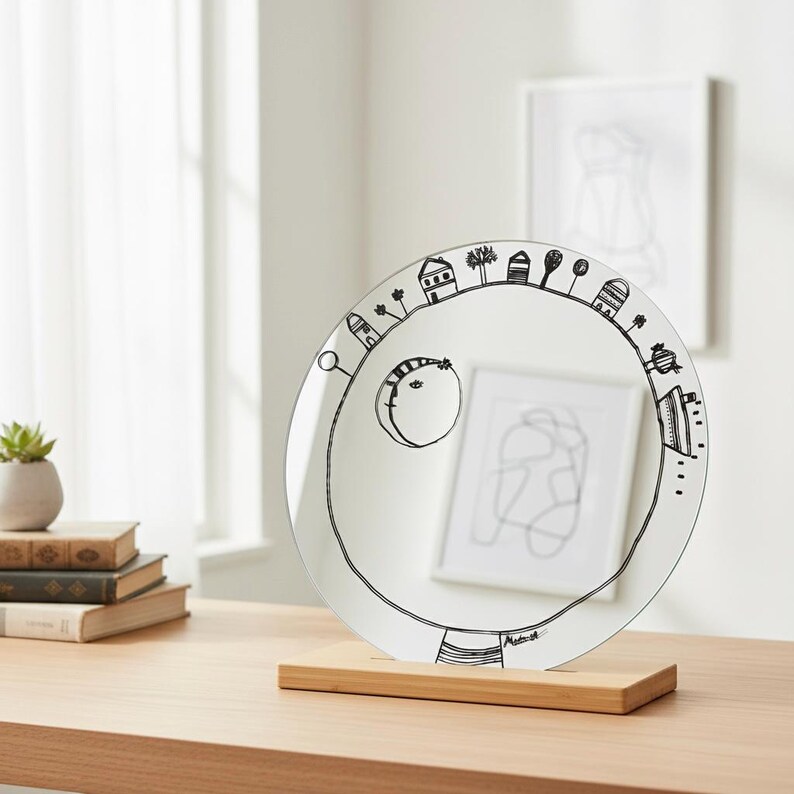 Puede incluir: Un espejo decorativo redondo con un dise&ntilde;o ilustrado en blanco y negro de un paisaje urbano. El espejo est&aacute; montado sobre una base de madera rectangular. Una peque&ntilde;a planta y libros son visibles en el fondo.
