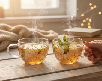 Taza de té de vidrio pintada a mano: elegante decoración floral