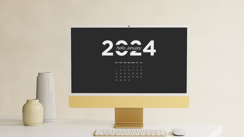 White/black 2 Minimal January 2024 Calendar Desktop Wallpaper,unique