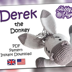 May include: Crochet pattern for Derek the Donkey, a cute gray and white amigurumi donkey. The pattern is available as an instant PDF download in English and American English.