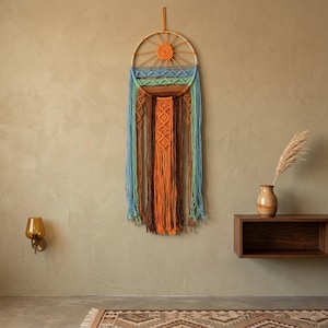 Kustzonsopgang 12.00 uur zonsondergang macramé muurhanger set, handgemaakt geweven wandtapijt met kwastje, boho wanddecor, housewarmingcadeau